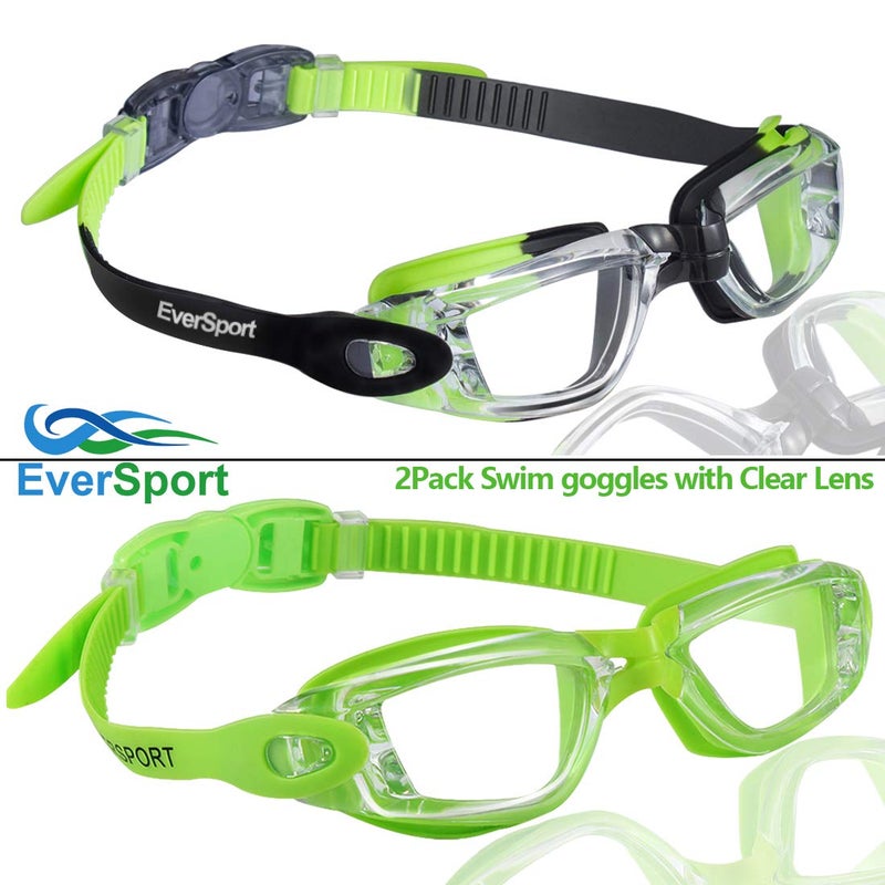 EverSport Kids Portable Swim Goggles, Pack of 2 Swimming Goggles for Children Teens, Anti-Fog Anti-UV Youth Swim Glasses Leak Proof for Age4-16, Green/Black & Green - Image 4